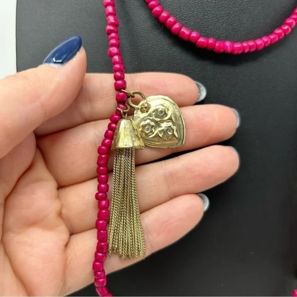 Chico's Boho Pink, Red and Orange Long Necklace with Gold Tone Heart and Tassel - Picture 3 of 6